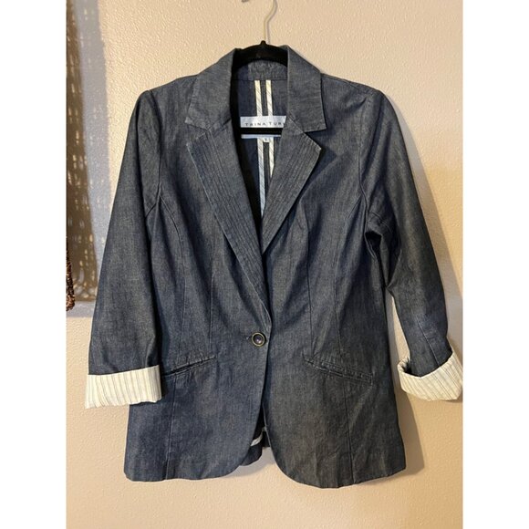 Trina Turk Blue Denim Jacket 6 Small Cotton Rolled Cuff Lightweight - Picture 9 of 9